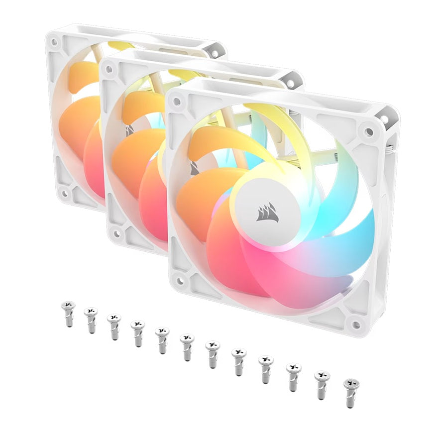 Corsair RS120-R ARGB 120mm PWM Reverse Fans Triple Pack - White, 3x RGB Fans, 2100 RPM, 65.82 CFM, Static Pressure, Magnetic Dome Bearing, PWM Control