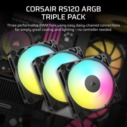 Corsair RS120 ARGB 120mm PWM Fans - Triple Pack - Black: 72.8 CFM, 2100 RPM, 36 dBA, 0.4A, RGB lighting, Static Pressure, Magnetic Dome Bearing