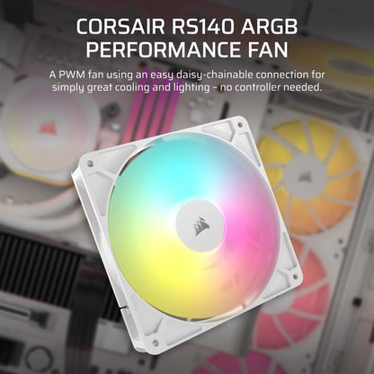 Corsair RS140 ARGB 140mm PWM Fanâ€¯- Single - White: 95.5â€¯CFM, 1700â€¯RPM, 36â€¯dBA, 0.45A, RGB lighting, Static Pressure, Magnetic Dome Bearing