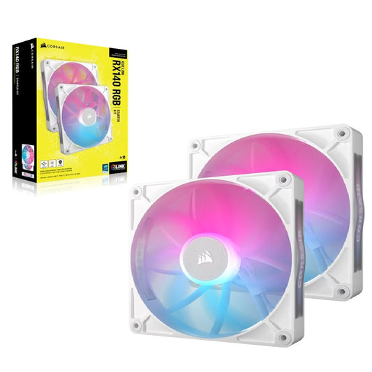 Corsair RX140 RGB White ICUE Link 140mm PWM Dual Fan Kit. 2x Fans, Connectors. 1 x ICUE Link Hub, 60mm Cable 90 Degress, Link Cab.