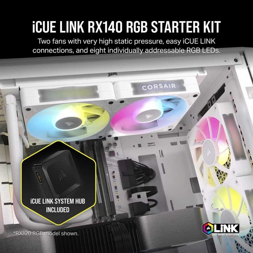 Corsair RX140 RGB White ICUE Link 140mm PWM Dual Fan Kit. 2x Fans, Connectors. 1 x ICUE Link Hub, 60mm Cable 90 Degress, Link Cab.