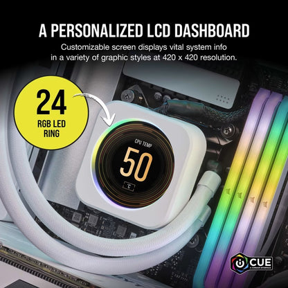 Corsair iCUE ELITE CPU Cooler LCD White Display Upgrade Kit transforms your CORSAIR ELITE CAPELLIX CPU cooler into a personalized dashboard
