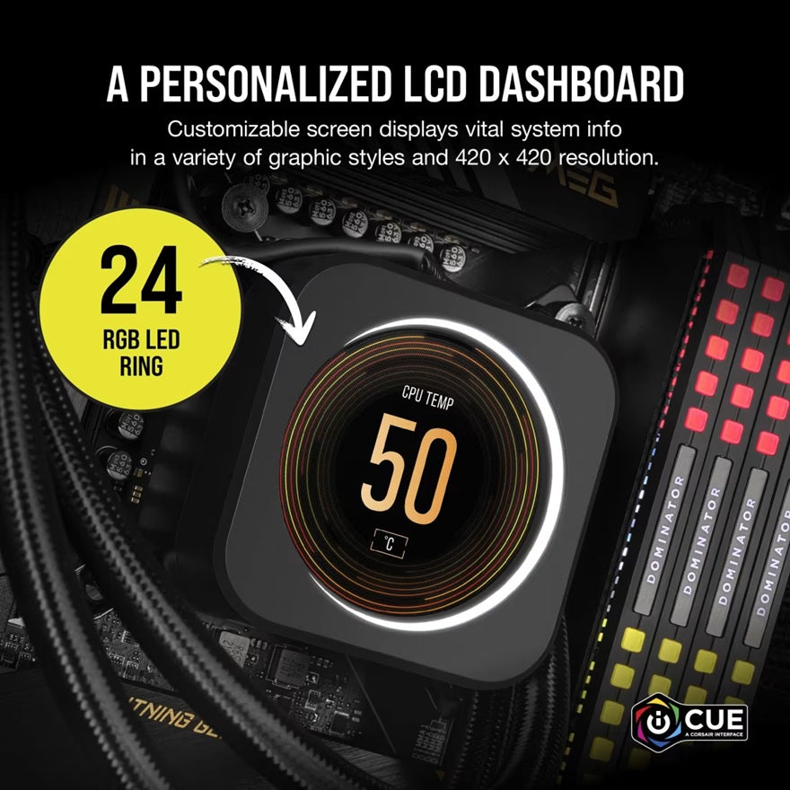 Corsair iCUE ELITE CPU Cooler LCD Display Upgrade Kit transforms your CORSAIR ELITE CAPELLIX CPU cooler into a personalized dashboard Display