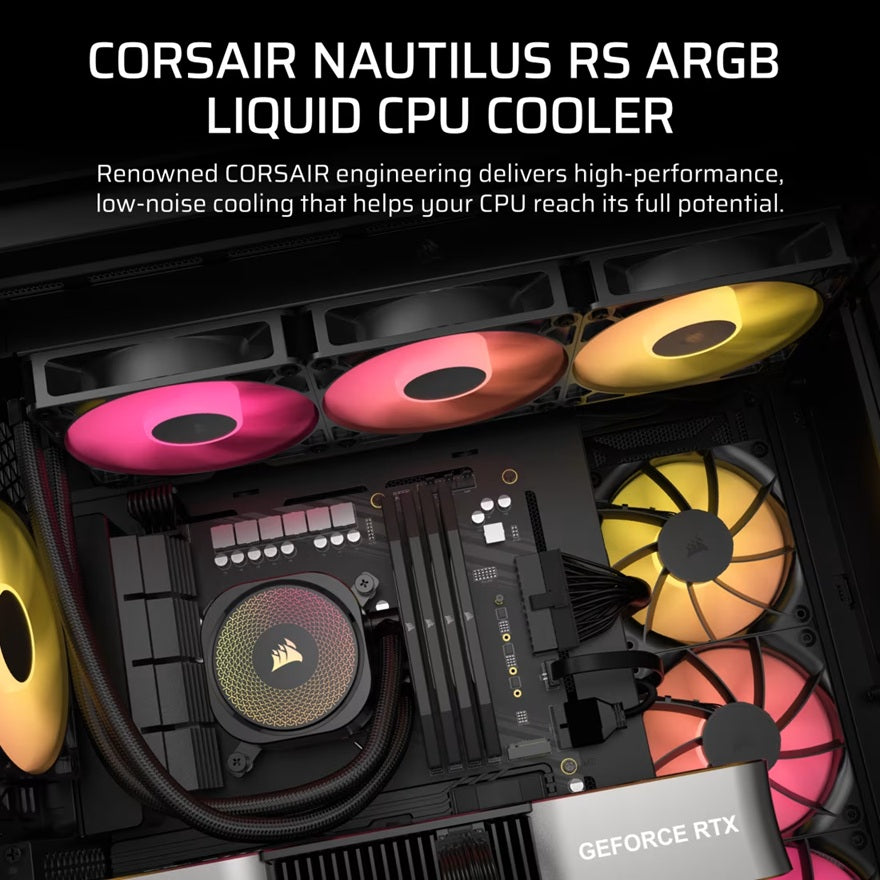 Corsair NAUTILUS 360 RS ARGB Liquid CPU Cooler, Aluminum Rad, Copper Cold Plate, PWM Fan Control, 1700 RPM, 360mm rad, 450mm Tubing, 3x Fans