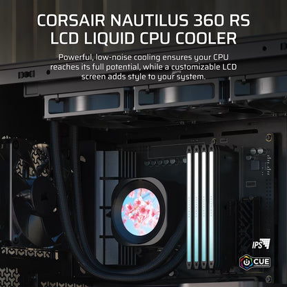 Corsair NAUTILUS 360 RS LCD Liquid CPU Cooler - Black, 360mm rad, LCD pump, 3x PWM fans, 2100 RPM, AM5/LGA1851, copper plate, 450mm Tube, 36dBA