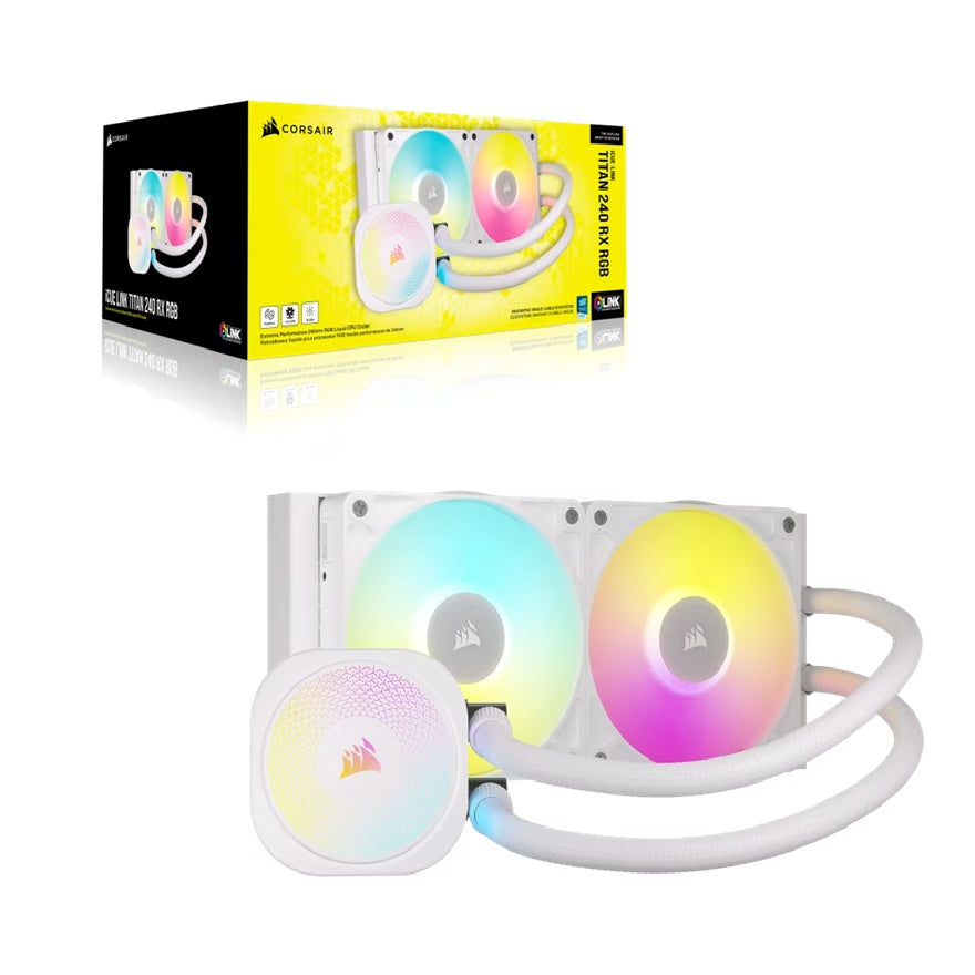 Corsair iCUE LINK TITAN 240 RX RGB AIO Liquid CPU Cooler - White, 73.5 CFM, 2100 RPM, Aluminum Radiator, Copper Cold Plate, Intel/AMD Support