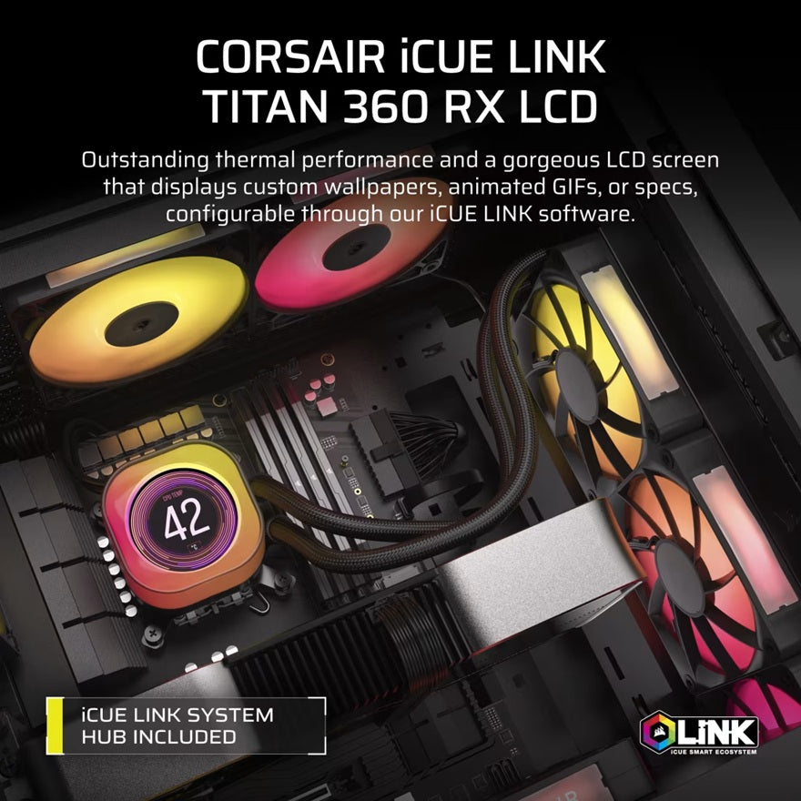 Corsair iCUE LINK TITAN 360 RX LCD Liquid CPU Cooler - Black: 73.5 CFM, 2100 RPM, 36 dBA, Aluminum Radiator, Copper Cold Plate, Intel/AMD Support