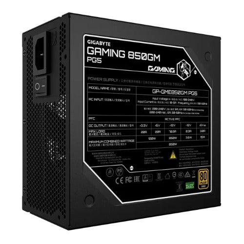 GIGABYTE GAMING 850GM PG5 850W 80+ Gold ATX3.1 PCIe5 16pin APFC 90% 135mm FDB 2xEPS 4xPCIe 8xSATA OVP OPP SCP UVP OCP OTP 100k MTBF FM