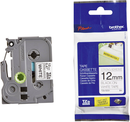 Brother 12mm Black on White Strong Adhesive TZe Label Tape