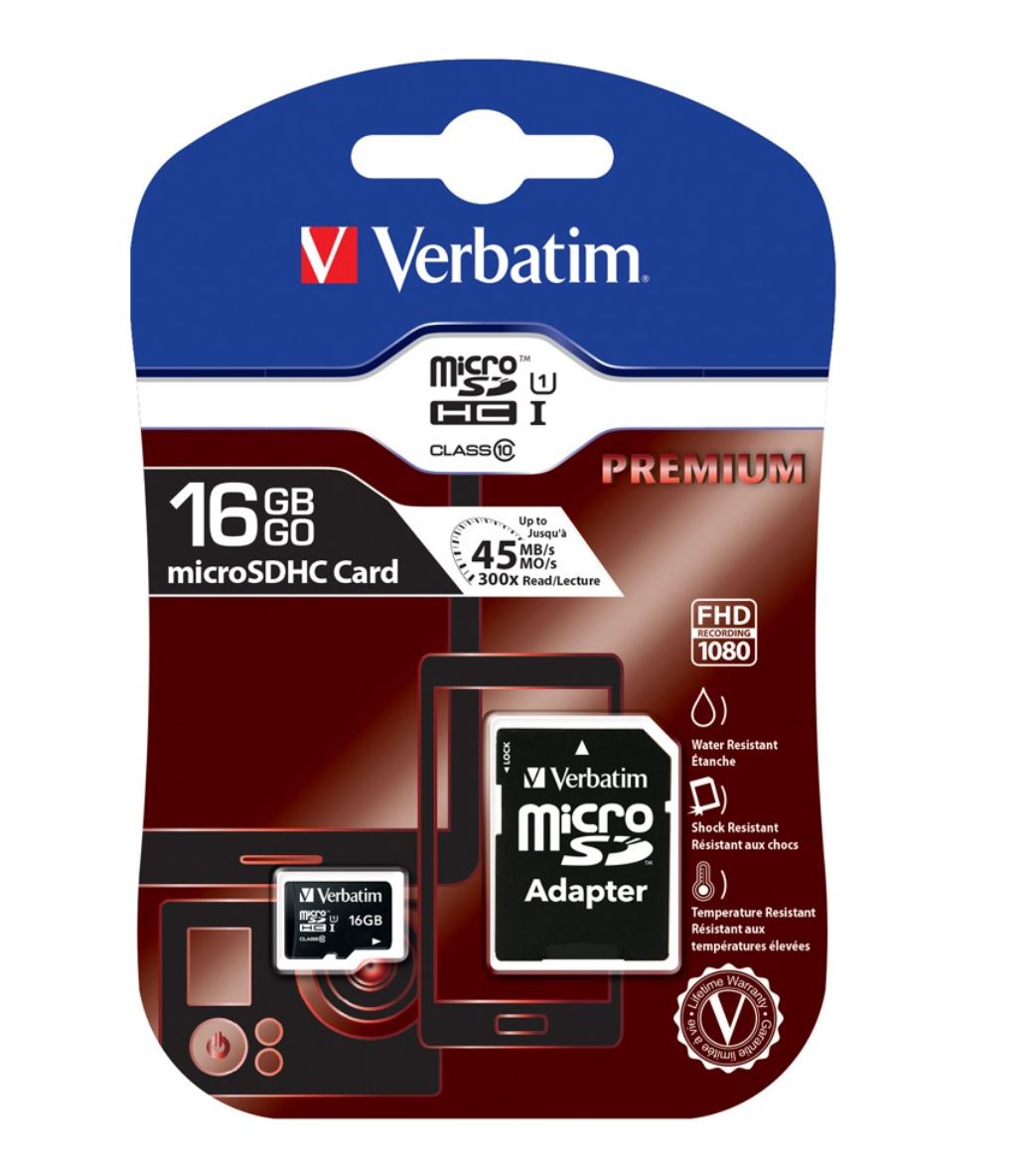 Verbatim Micro SDHC 16GB Class 10 Memory Card with SD Adapter — 45MB/s Read, 300x