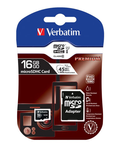 Verbatim Micro SDHC 16GB Class 10 Memory Card with SD Adapter — 45MB/s Read, 300x