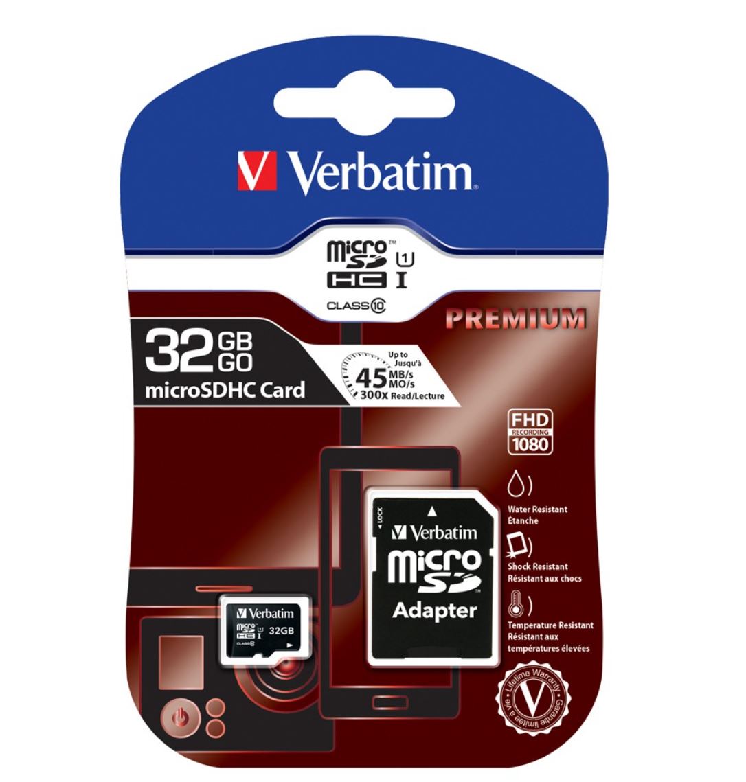 Verbatim 32GB Micro SDHC Class 10 UHS-I Memory Card — 45MB/s Read, 10MB/s Write