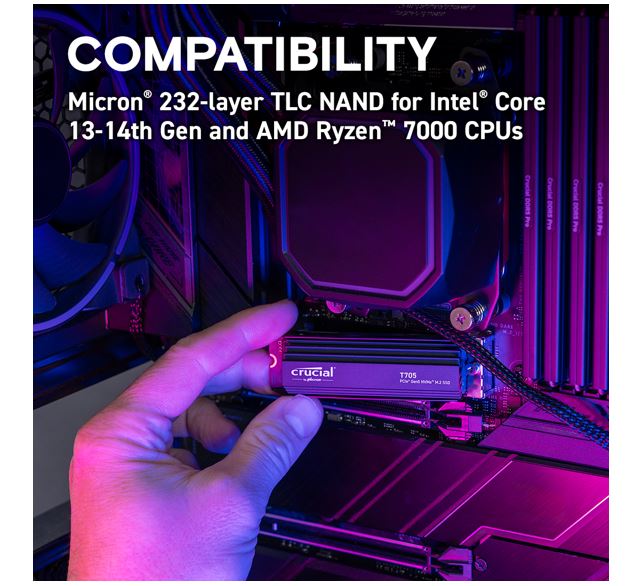 Crucial T705 2TB Gen5 NVMe SSD Heatsink - 14500/12700 MB/s R/W 1200TBW 1550K IOP