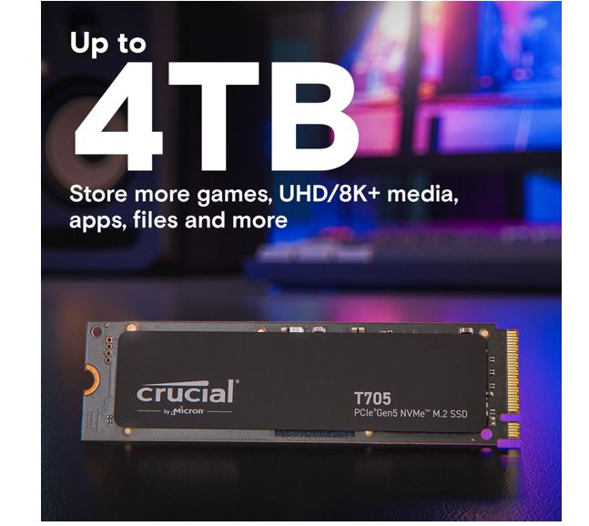 Crucial T705 2TB Gen5 NVMe SSD - 14500/12700 MB/s R/W 1200TBW 1550K IOPs 1.5M hr