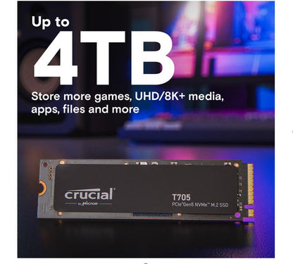 Crucial T705 4TB Gen5 NVMe SSD - 14100/12600 MB/s R/W 2400TBW 1500K IOPs 1.5M hr