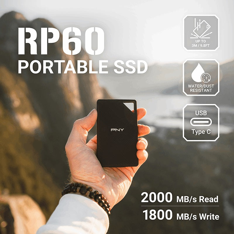 PNY RP60 1TB USB 3.2 Gen 2x2 Type-C Portable SSD Read 2,000 MB/s  Write 1,800 MB/s  3m Drop Resistant  IP65 rated 3-Year Limited Warranty (AMZ)