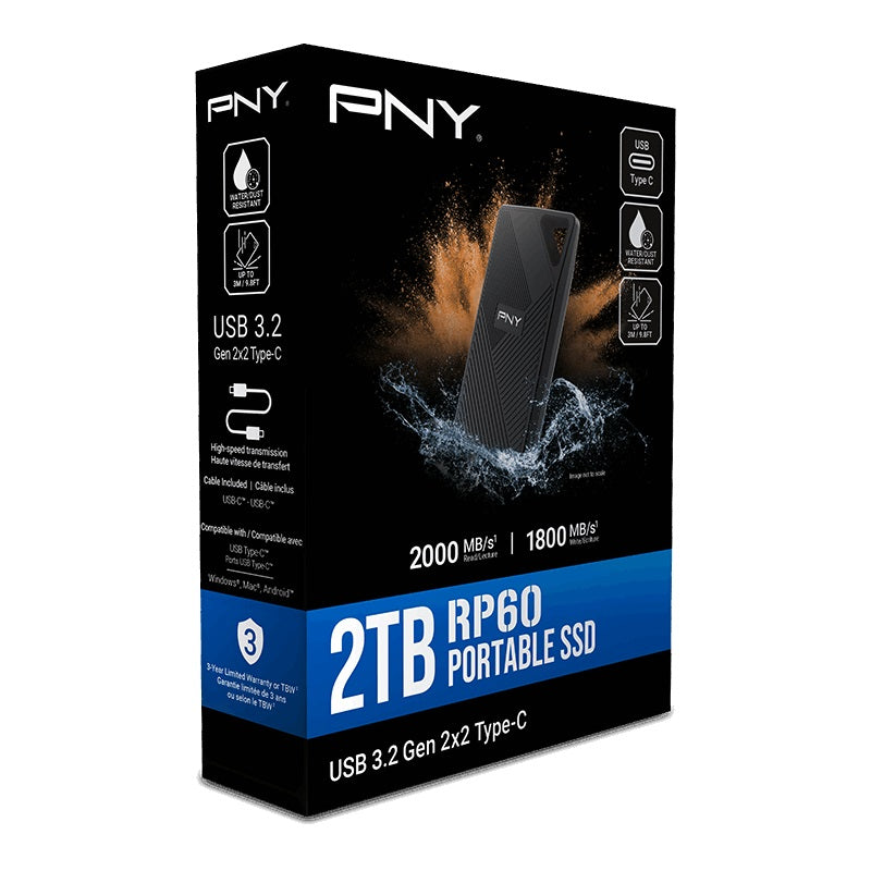 PNY RP60 2TB USB 3.2 Gen 2x2 Type-C Portable SSD Read 2,000 MB/s  Write 1,800 MB