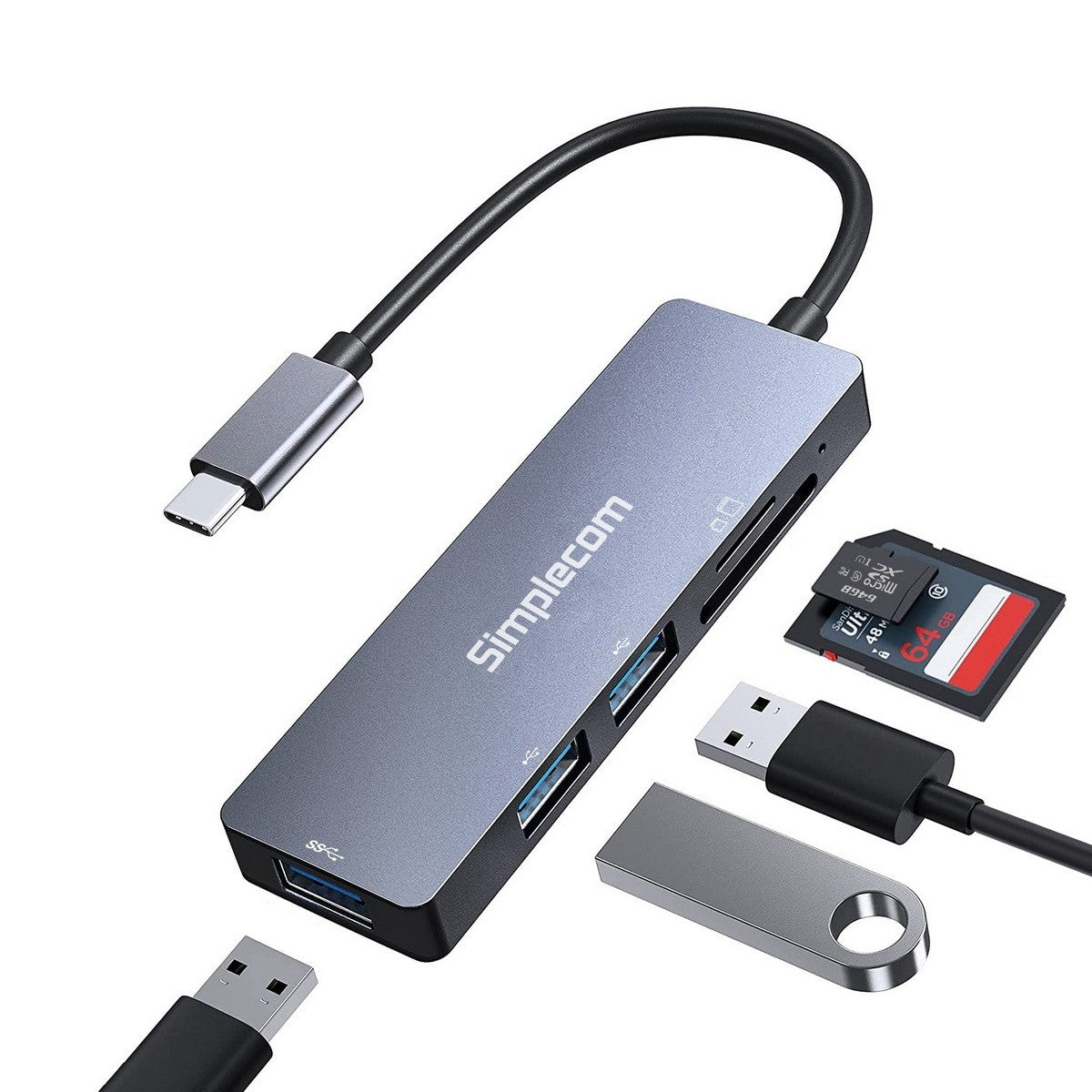 Simplecom CH255 USB-C 5-in-1 Multiport Adapter 3-Port USB-A Hub with SD MicroSD