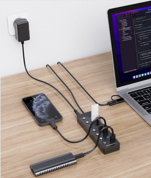 Simplecom CH375C USB-A and USB-C to 7-Port USB 3.0 Hub 5Gbps Individual Switches