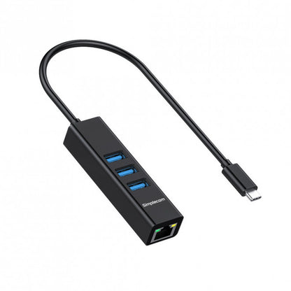 Simplecom CHN421 Black Aluminium USB-C to 3 Port USB HUB with Gigabit Ethernet A