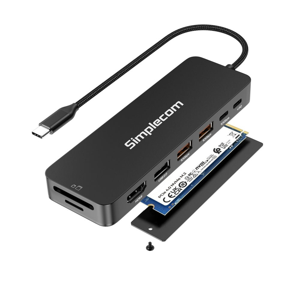 Simplecom CHT595 9-in-1 USB-C Multiport Docking Station with NVMe M.2 Enclosure 2xUSB-A 10Gbps, USB-C 10Gbps, HDMI 2.0 4K@60Hz, SD/MicroSD, PD100W