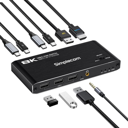 Simplecom KM470 2-Port USB-C KVM Switch 8K Docking Station HDMI 2.1 DP for Lapto