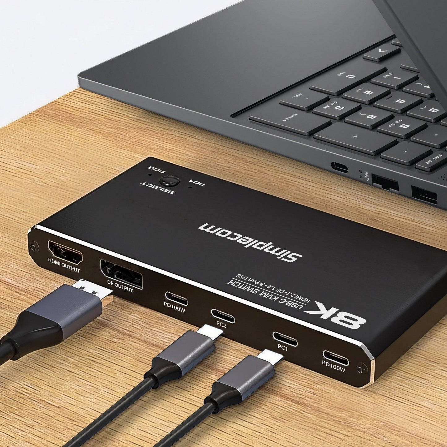 Simplecom KM470 2-Port USB-C KVM Switch 8K Docking Station HDMI 2.1 DP for Lapto
