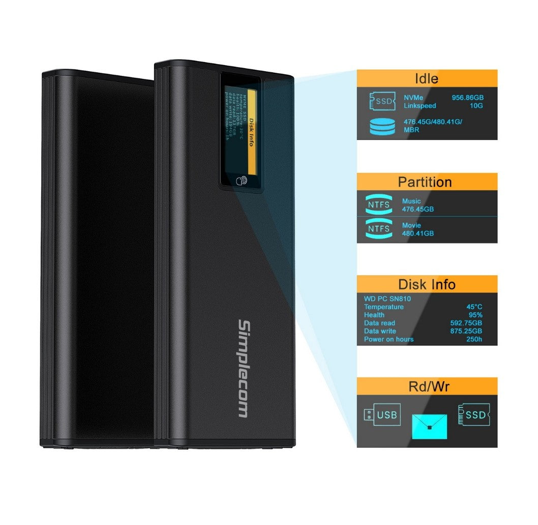 Simplecom SE530 NVMe / SATA M.2 SSD to USB-C Enclosure with SMART LED Screen USB