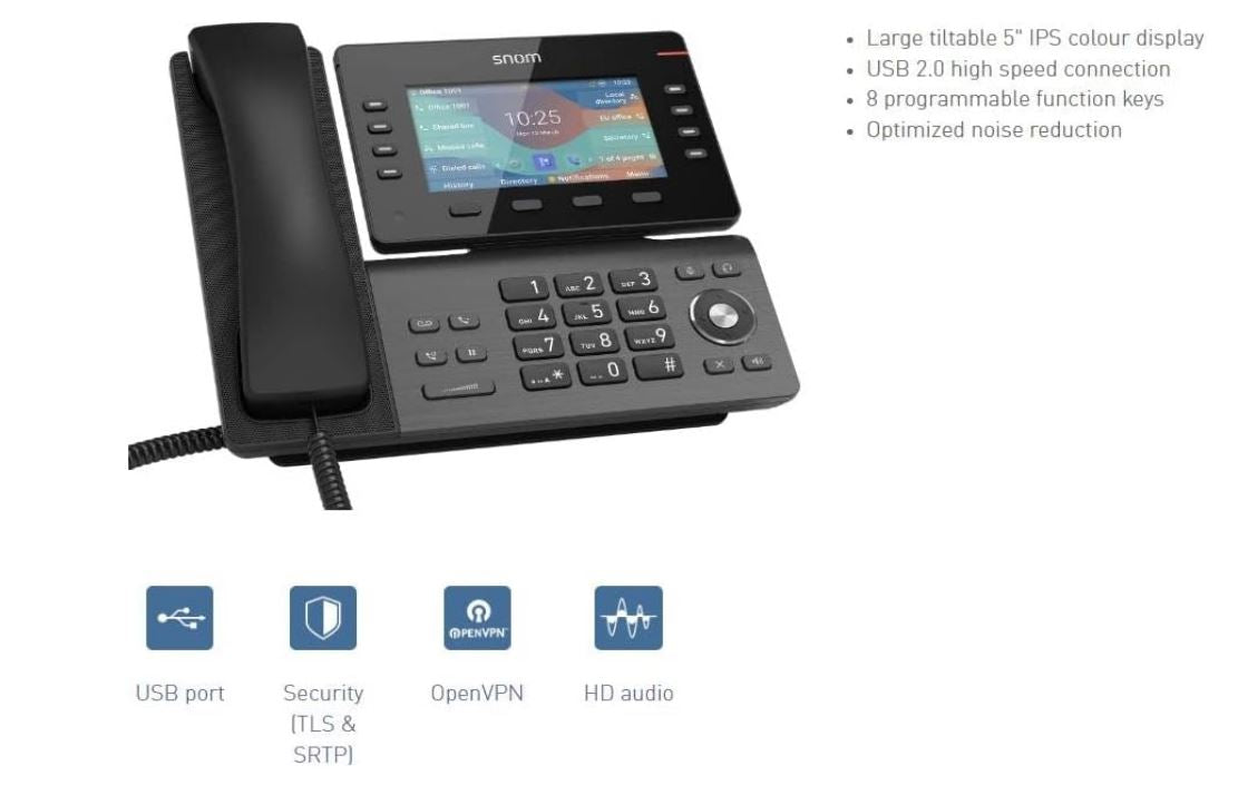 SNOM D862, Large tilting 5 inch IPS colour display, High speed USB 2.0 connection, 8 programmable function keys, Optimised noise reduction HD audio