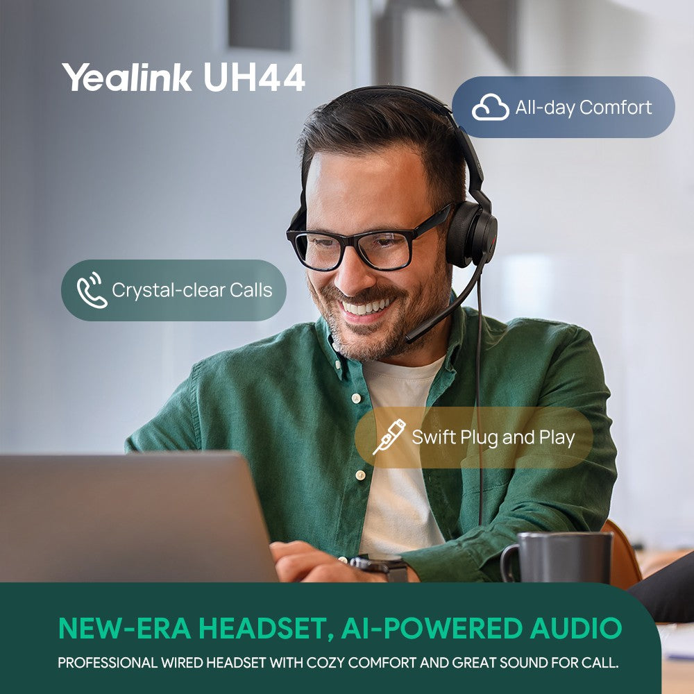 Yealink UH44 Dual Teams USB-C/A Microsoft Certified Teams USB Wired HeadsetDual Noise-Canceling Microphones 35mmSpeaker Busylight Leather Ear Cushions