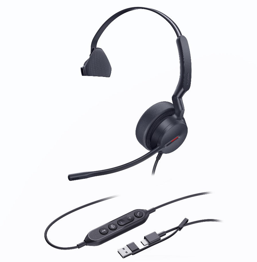 Yealink UH44 Mono Teams USB-C/A Microsoft Certified USB Wired Headset, Dual Noise-Canceling Microphones, 35mm Speaker, Busylight Leather Ear Cushions