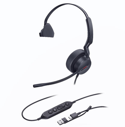 Yealink UH44 Mono Teams USB-C/A Microsoft Certified USB Wired Headset, Dual Noise-Canceling Microphones, 35mm Speaker, Busylight Leather Ear Cushions