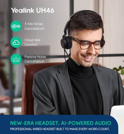 Yealink UH46 Dual Teams USB-C/A Microsoft  Certified Teams USB Wired Headset 3-Noise-Canceling Microphones 35mm Speaker Busylight Leather Controller