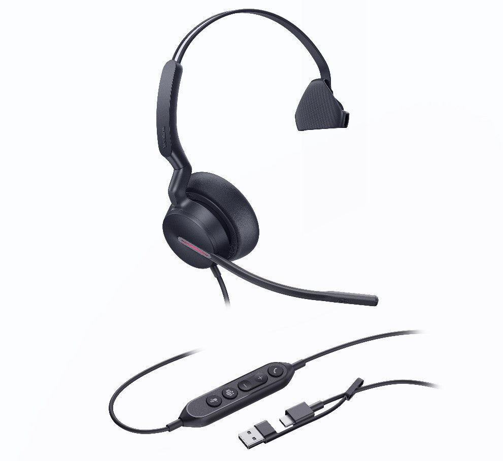 Yealink UH46 Mono Teams USB-C/A Microsoft Certified Teams USB Wired Headset 3-Noise-Canceling Microphones 35mm Speaker Busylight Leather Controller