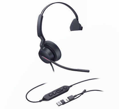 Yealink UH46 Mono Teams USB-C/A Microsoft Certified Teams USB Wired Headset 3-Noise-Canceling Microphones 35mm Speaker Busylight Leather Controller