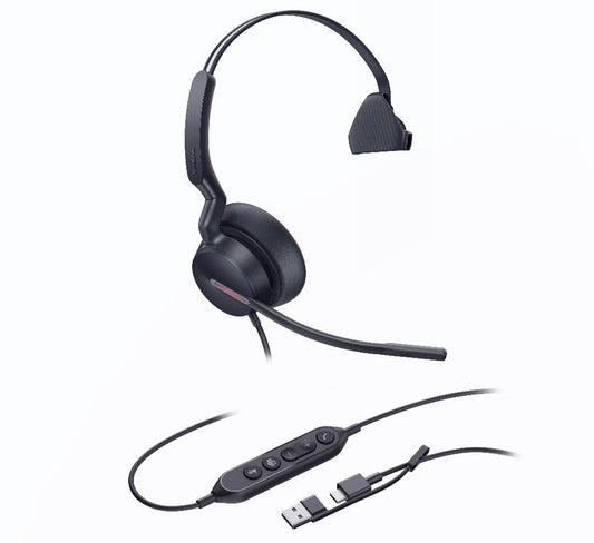 Yealink UH46 Mono Teams USB-C/A Microsoft Certified Teams USB Wired Headset 3-Noise-Canceling Microphones 35mm Speaker Busylight Leather Controller