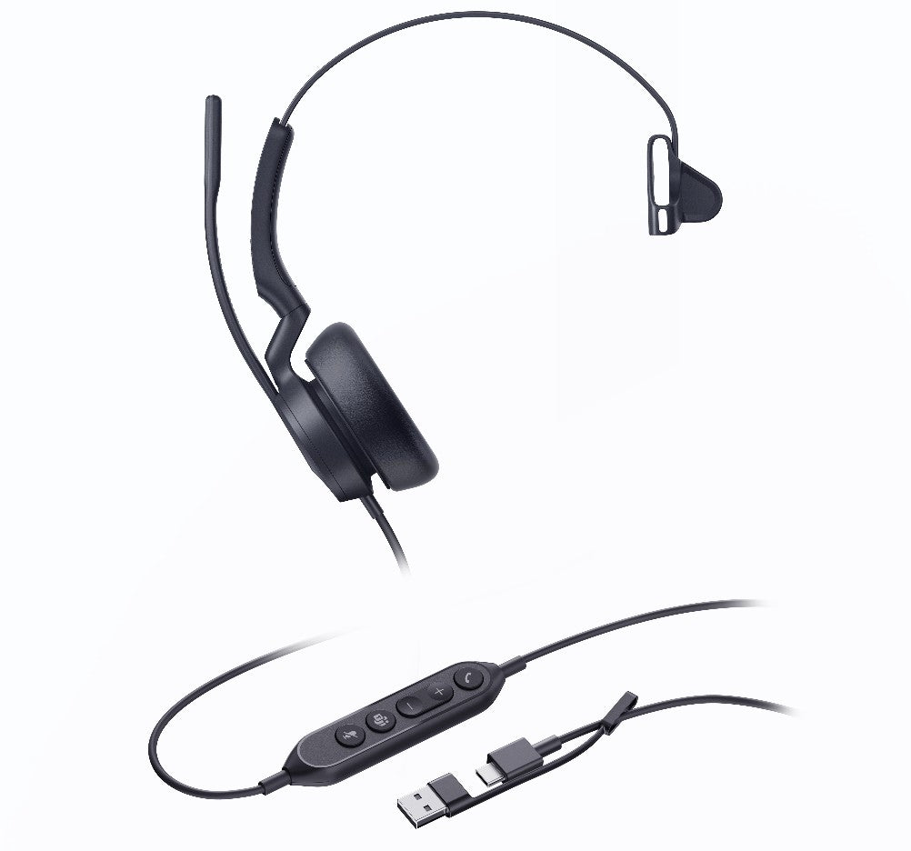 Yealink UH46 Mono Teams USB-C/A Microsoft Certified Teams USB Wired Headset 3-Noise-Canceling Microphones 35mm Speaker Busylight Leather Controller