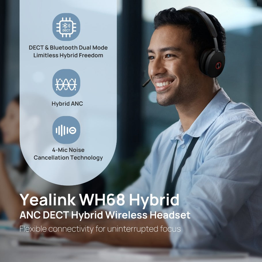 Yealink WH68 Hybrid Dual Teams   DECT & Bluetooth Hybrid Wireless Technology, 4-Mic Hybrid ANC, 4-Mic Noise Cancellation, All-Day-Wearing Comfort WDD6