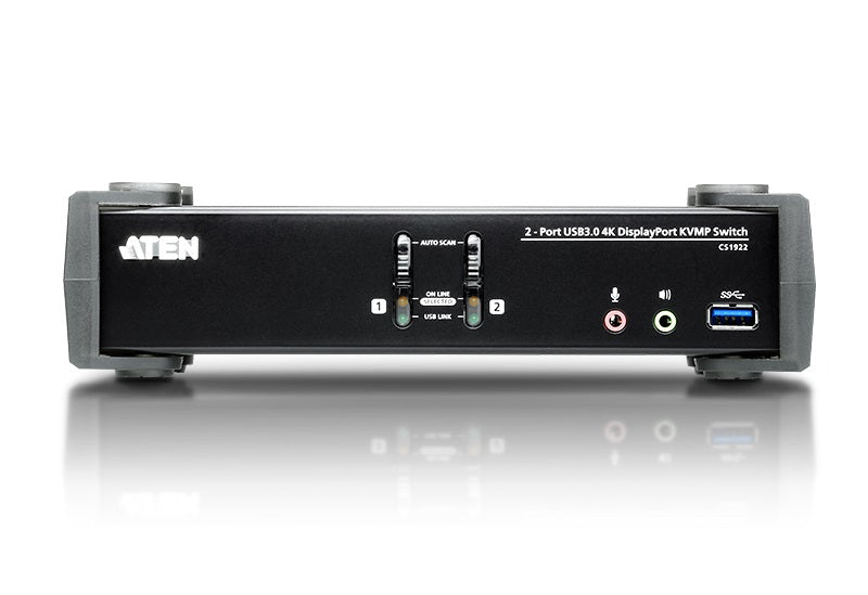 Aten Desktop KVMP Switch 2 Port Single Display 4k DisplayPort w/ audio, Cables Included, 2x USB Port, Selection Via Front Panel