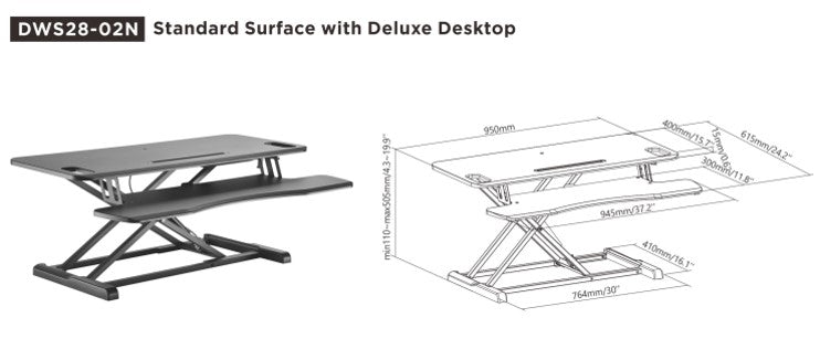 Brateck Gas Spring Sit Stand Desk Converter (950x615x110~505mm)with Keyboard Tray Deck(Standard MDF Board Surface (LS)