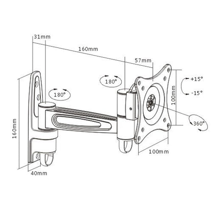 Brateck Single Monitor Wall Mount tilting & Swivel Wall Bracket Mount VESA 75mm/100mm For most 13''-27' LED, LCD flat panel TVs; up to 15kg
