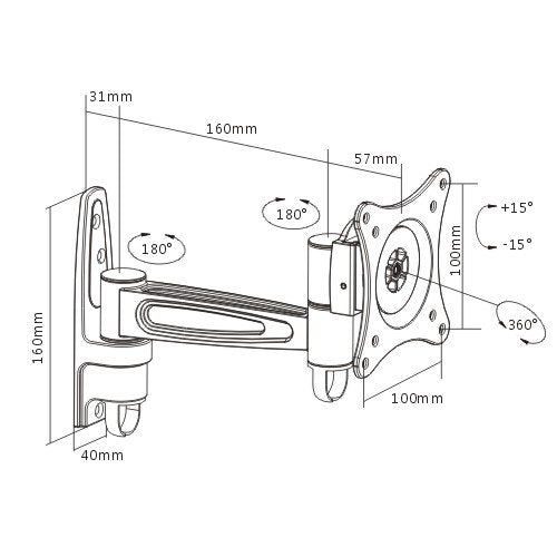 Brateck Single Monitor Wall Mount tilting & Swivel Wall Bracket Mount VESA 75mm/100mm For most 13''-27' LED, LCD flat panel TVs; up to 15kg