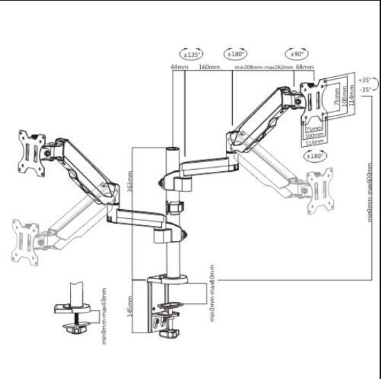 Brateck Dual Monitor Full Extension Gas Spring Dual Monitor Arm (independent Arms) Fit Most 17'-32' Monitors Up to 8kg per screen VESA 75x75/100x100