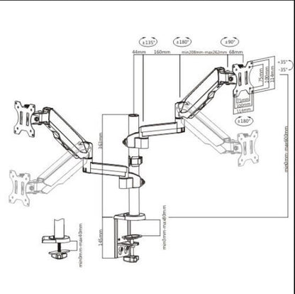 Brateck Dual Monitor Full Extension Gas Spring Dual Monitor Arm (independent Arms) Fit Most 17'-32' Monitors Up to 8kg per screen VESA 75x75/100x100