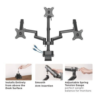 Brateck Triple Monitor Aluminum Slim Pole Held Mechanical Spring Monitor Arm Fit Most 17'-27' Monitors Up to 7kg per screen VESA 75x75/100x100