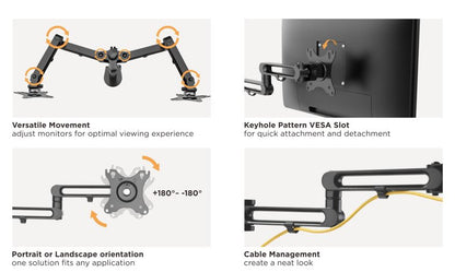 Brateck Dual Monitor Premium Aluminum Articulating Monitor Arm Fit Most 17'-32' Monitors Up to 8kg per screen VESA 75x75/100x100