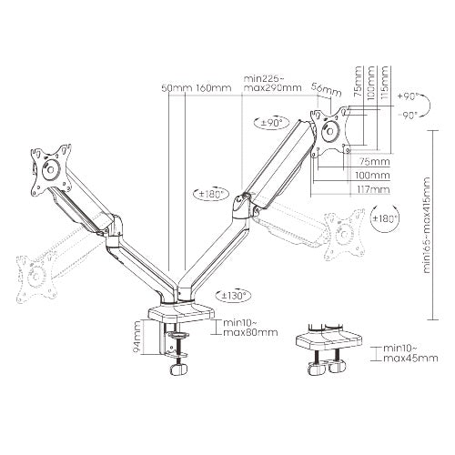 Brateck Cost-Effective Spring-Assisted Dual Monitor Arm Fit Most 17'-32' Monitor Up to 9KG VESA 75x75,100x100(Black)