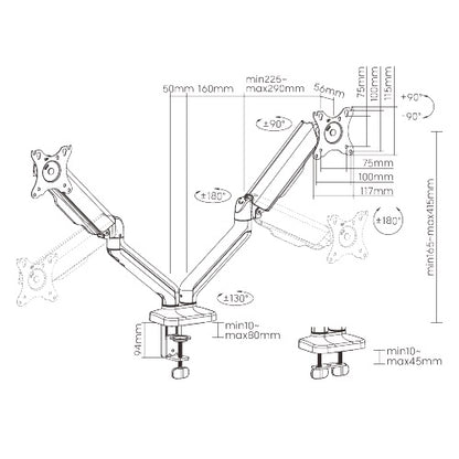 Brateck Cost-Effective Spring-Assisted Dual Monitor Arm Fit Most 17'-32' Monitor Up to 9KG VESA 75x75,100x100(Black)