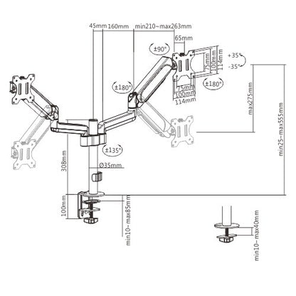 Brateck Dual Monitors Pole-Mounted Gas Spring Monitor Arm Fit Most 17'-32' Monitors Up to 9kg per screen VESA 75x75/100x100
