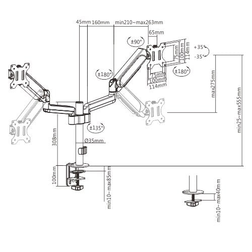 Brateck Dual Monitors Pole-Mounted Gas Spring Monitor Arm Fit Most 17'-32' Monitors Up to 9kg per screen VESA 75x75/100x100
